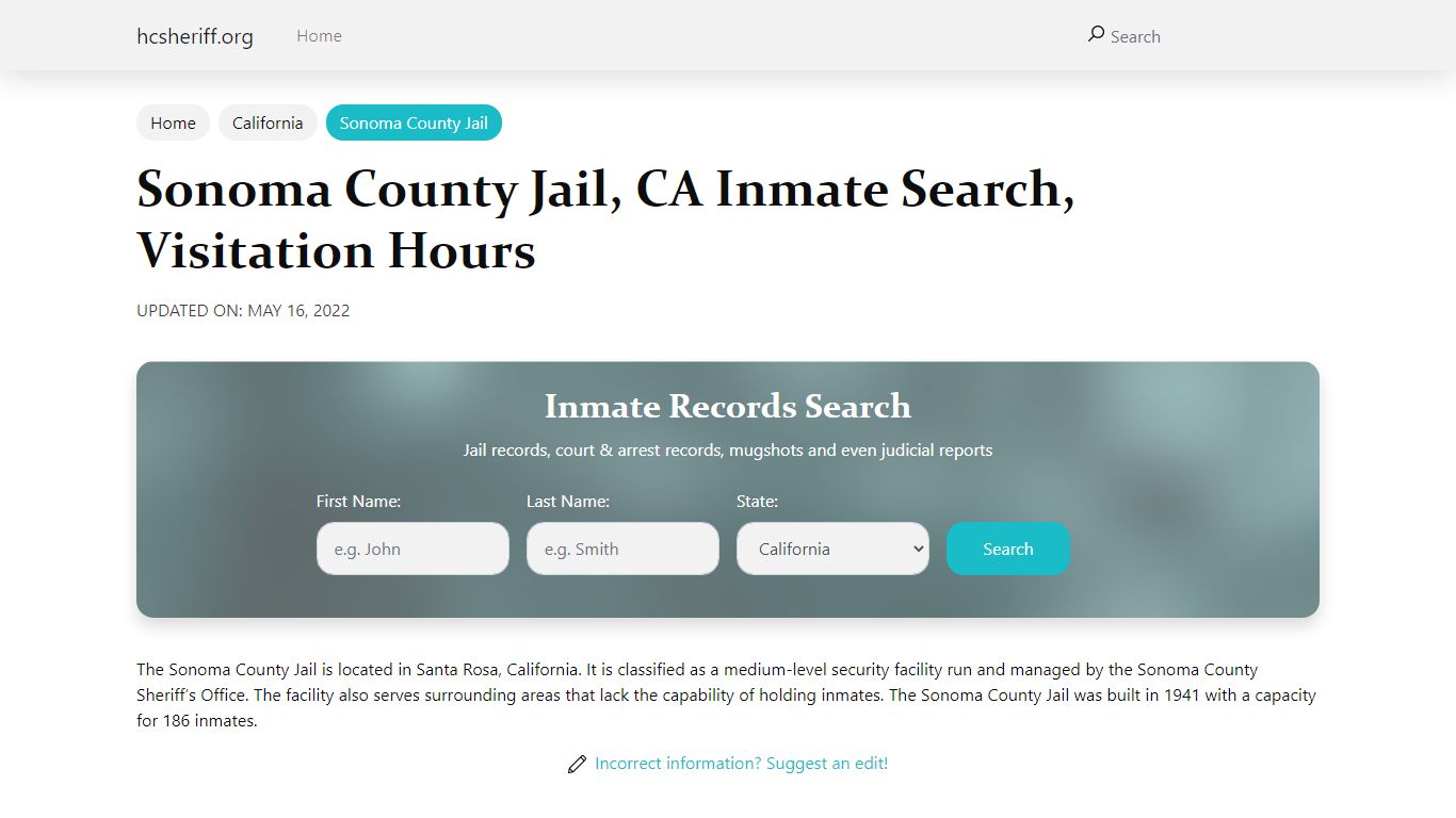 Sonoma County Jail, CA Inmate Search, Visitation Hours