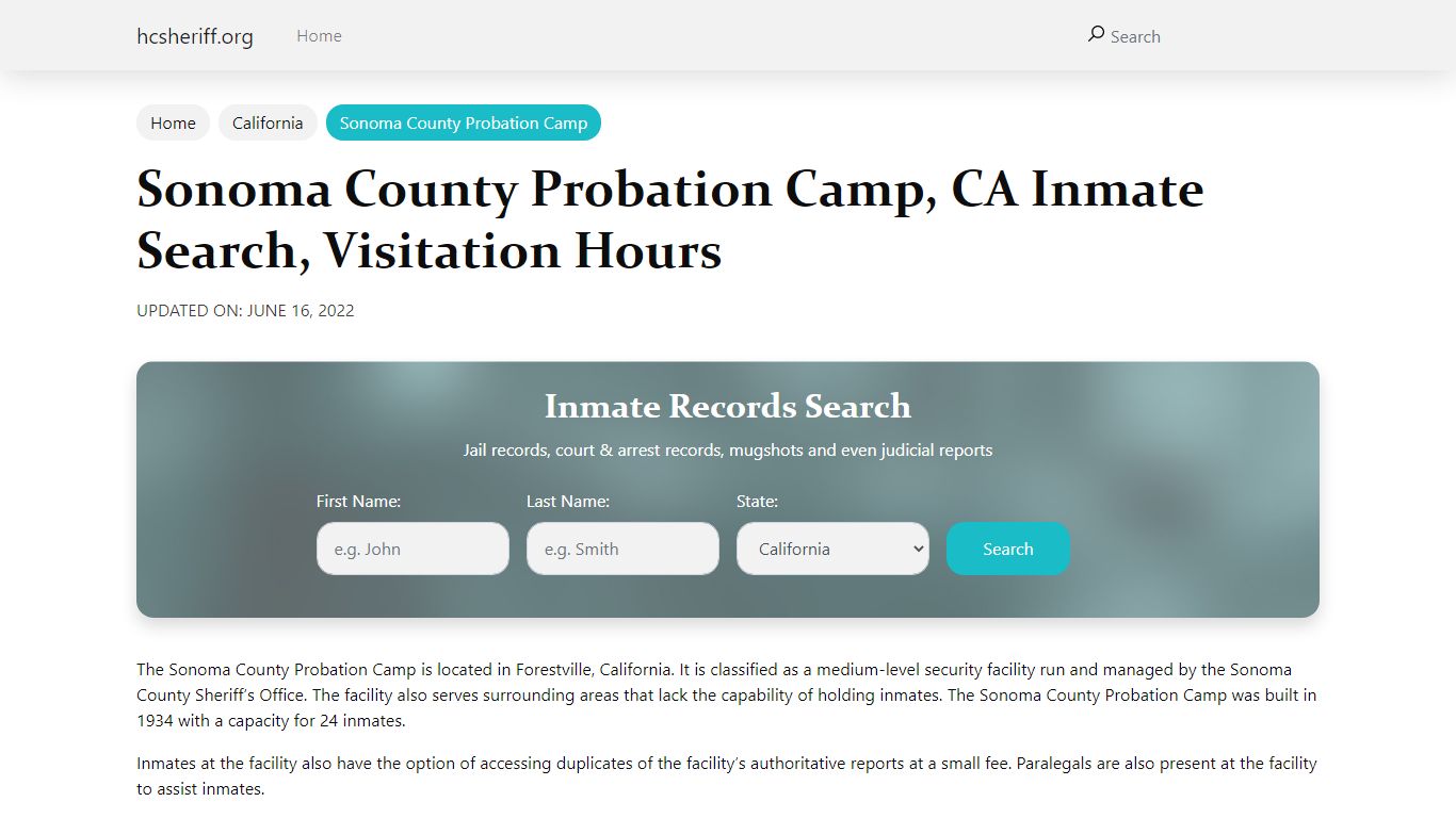 Sonoma County Probation Camp, CA Inmate Search, Visitation ...